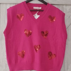 Grace & Emma V-Neck Pink Cropped Sweater Vest Red Sequin Hearts-NWT Size-Large